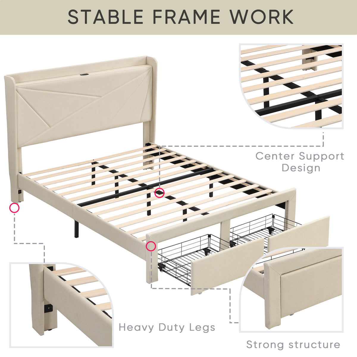 Full Size Upholstered Bed with Drawers – Beige