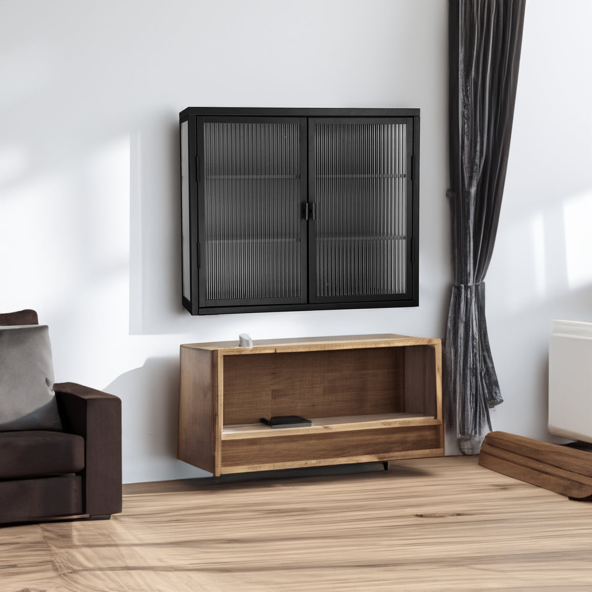 Retro Double Glass Wall Cabinet with Detachable Shelves White