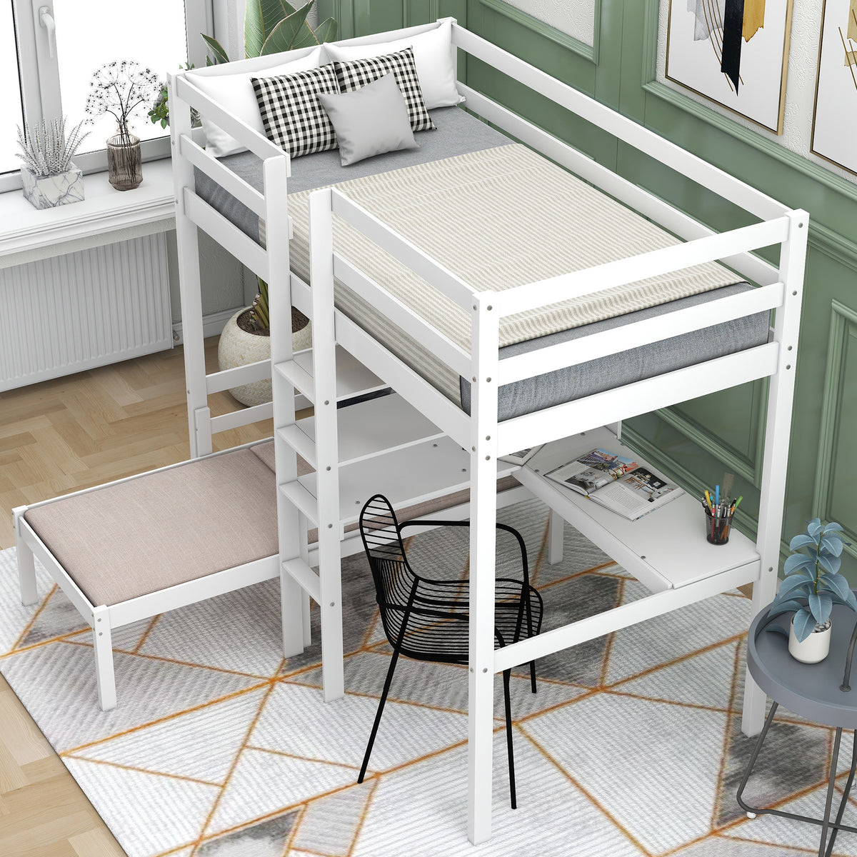 Convertible Loft Bunk Bed with Ladder White