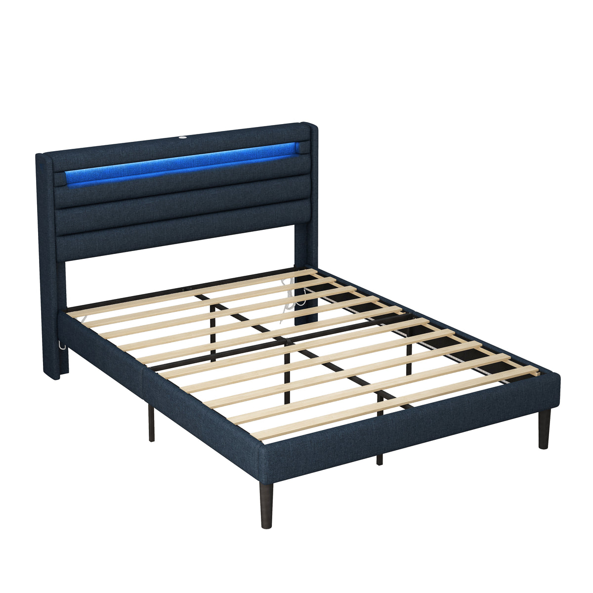 Queen Bedframe with Linen Wrapped LED Headboard Blue