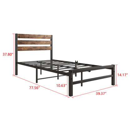 Twin Platform Bed with Rustic Headboard Brown