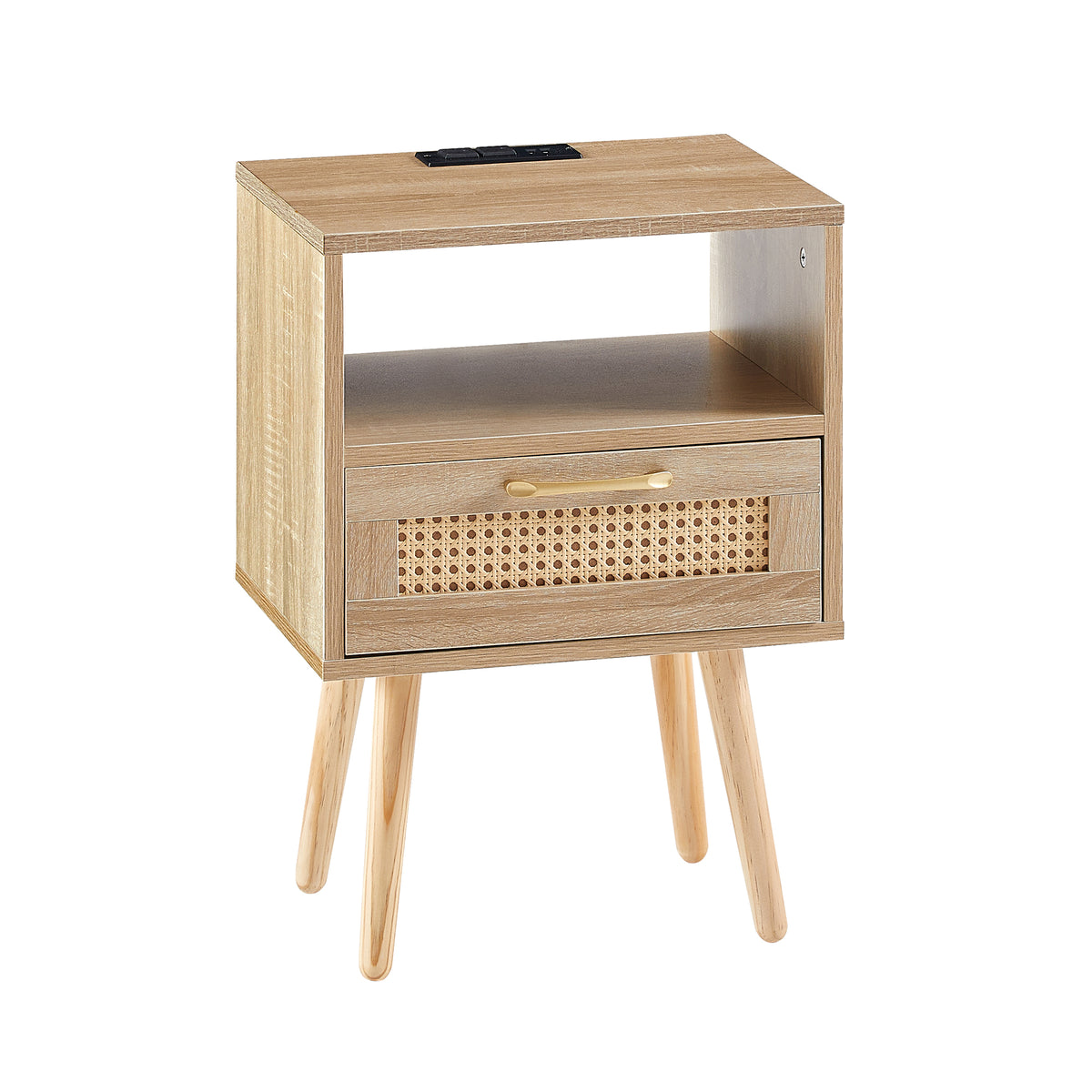 Rattan End Table with USB Ports and Drawer