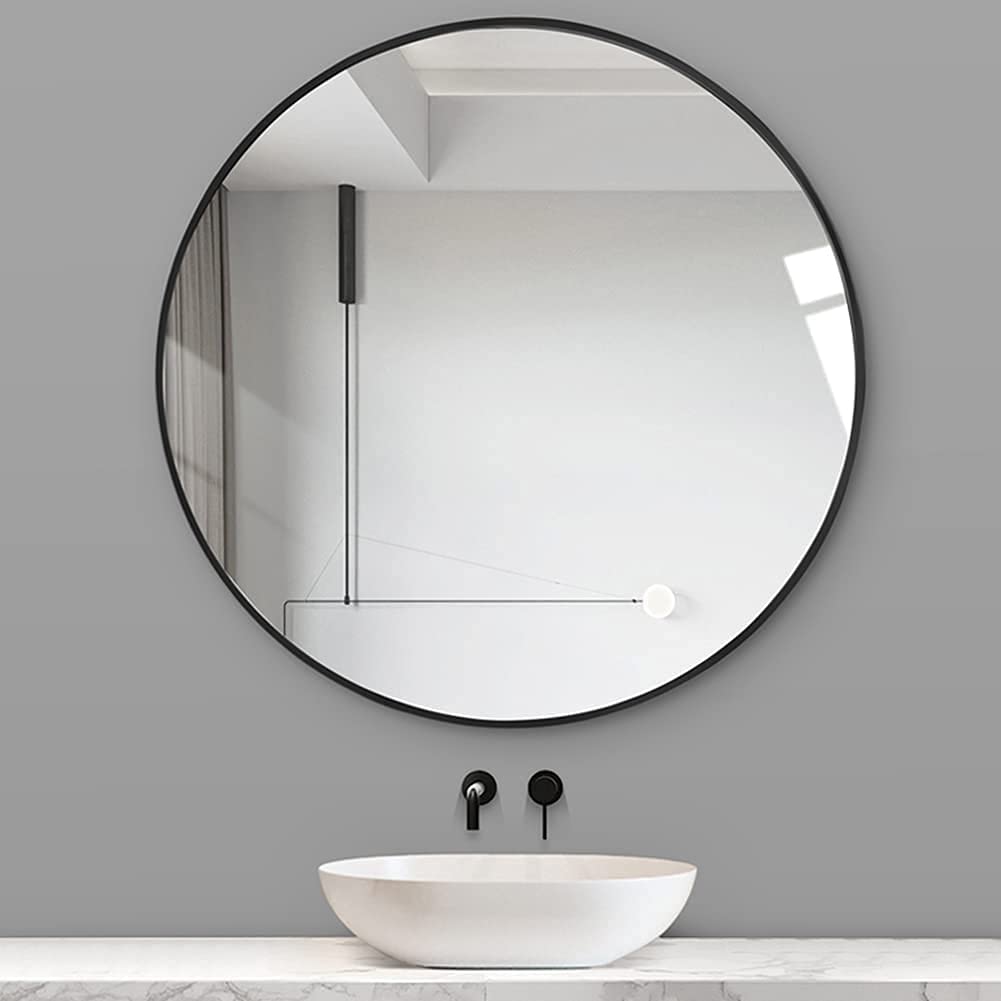 Black Round Metal Bathroom Mirror – 30”
