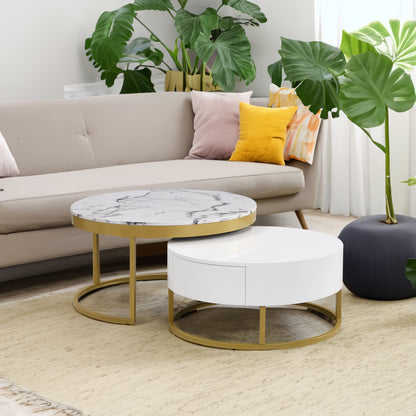 Round Nesting Coffee Table Set White Marble