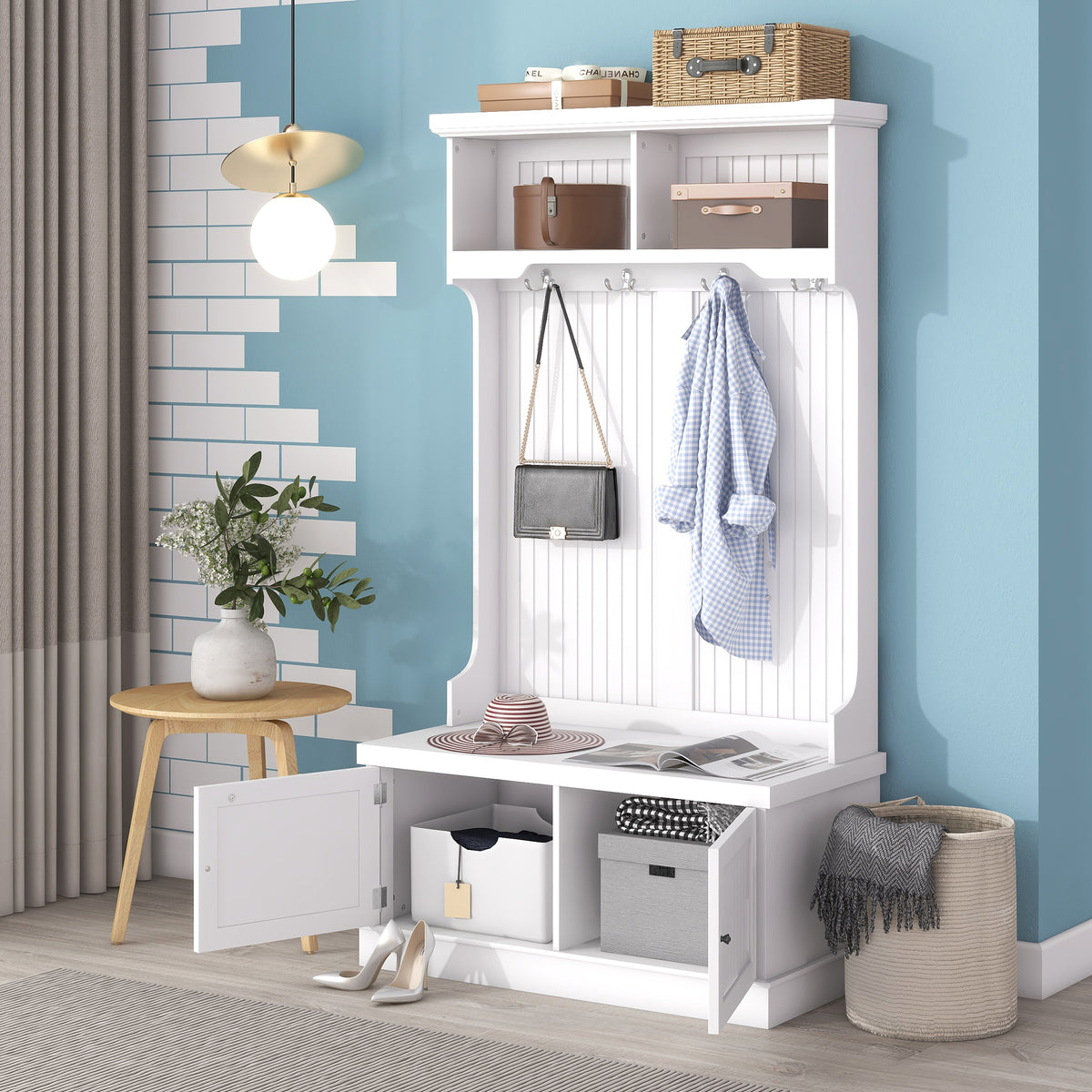 White Hall Tree Bench with Coat Hooks
