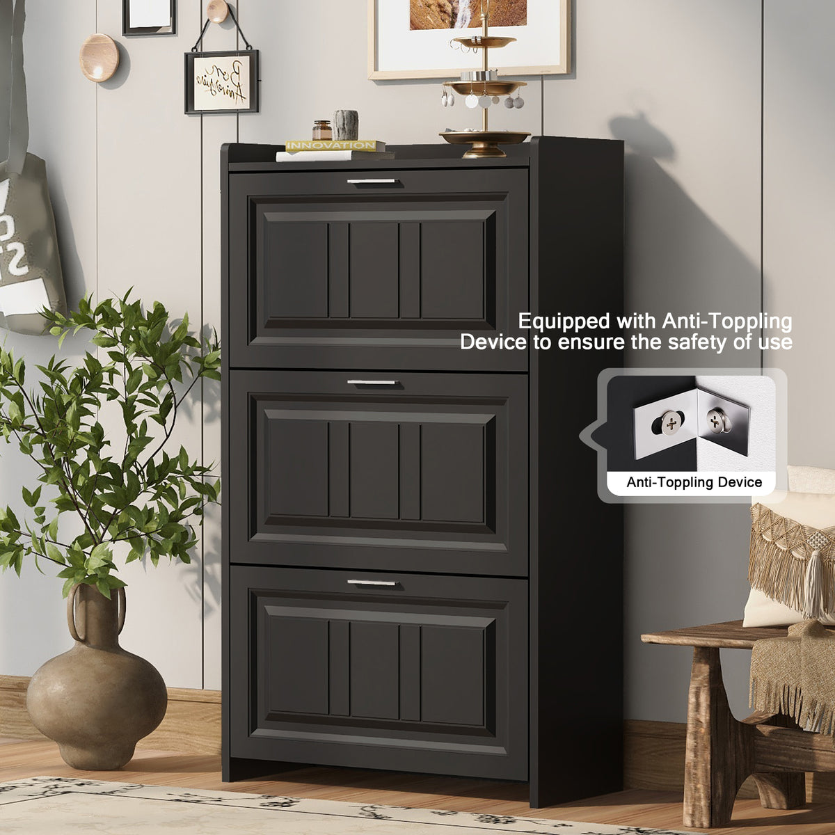 U-Can Black Shoe Storage Cabinet with 3 Flip Drawers