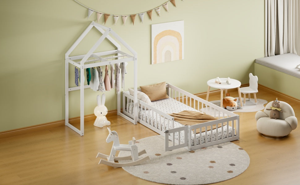 Wooden Twin Bed with Clothes Drying Rack Pink