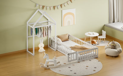 Wooden Twin Bed with Clothes Drying Rack Pink