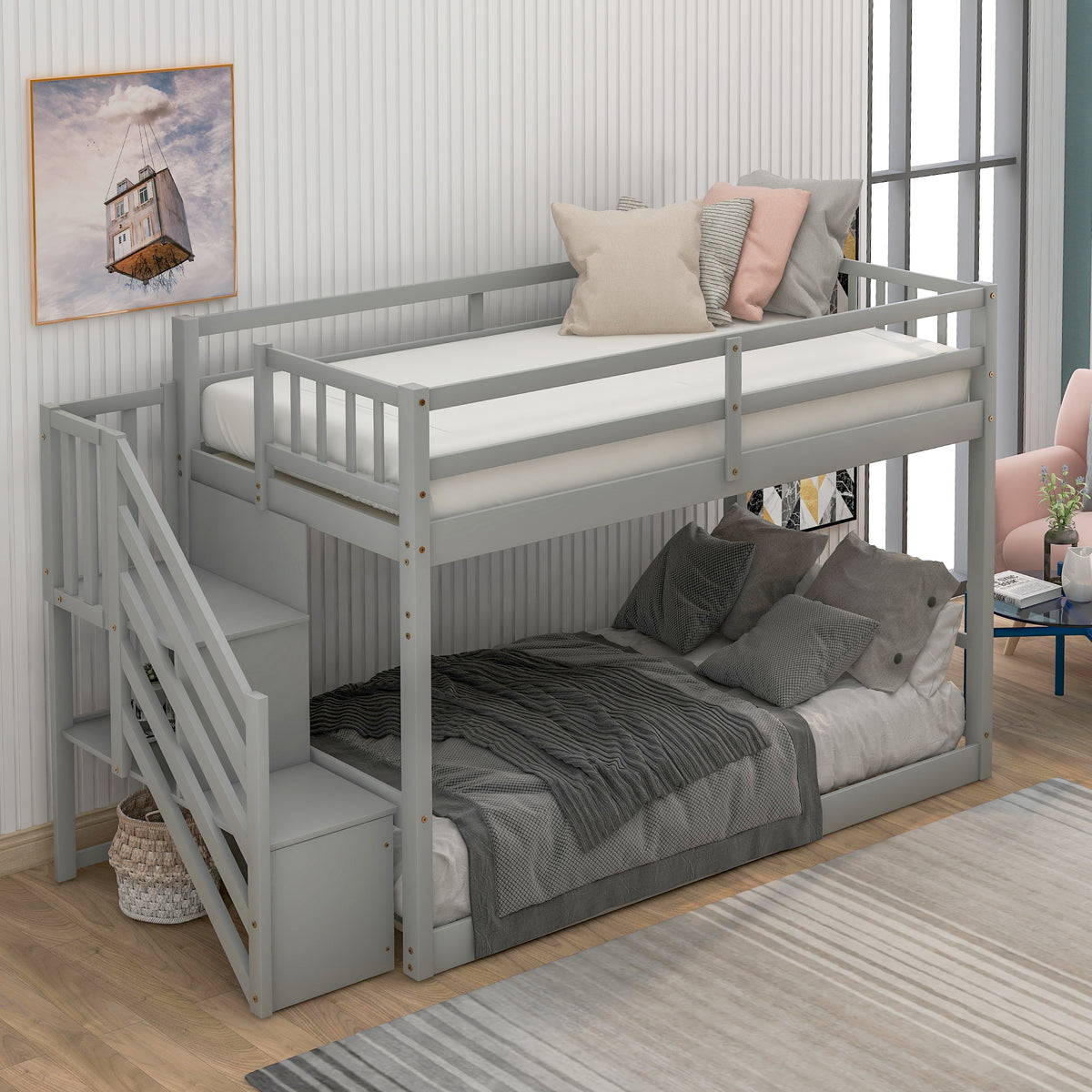Twin Floor Bunk Bed with Ladder Gray