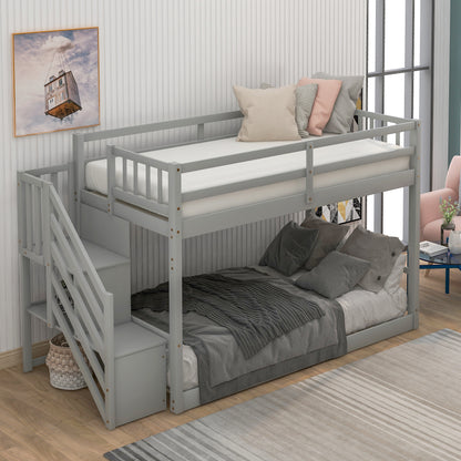 Twin Floor Bunk Bed with Ladder Gray