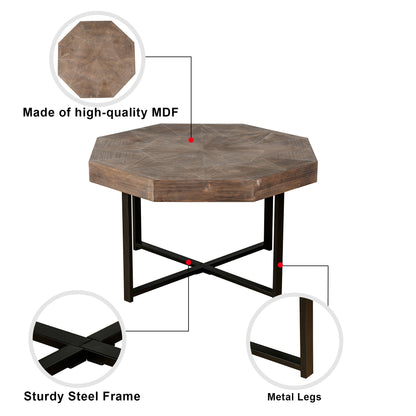 Octagonal Coffee Table with Cross Metal Base Brown