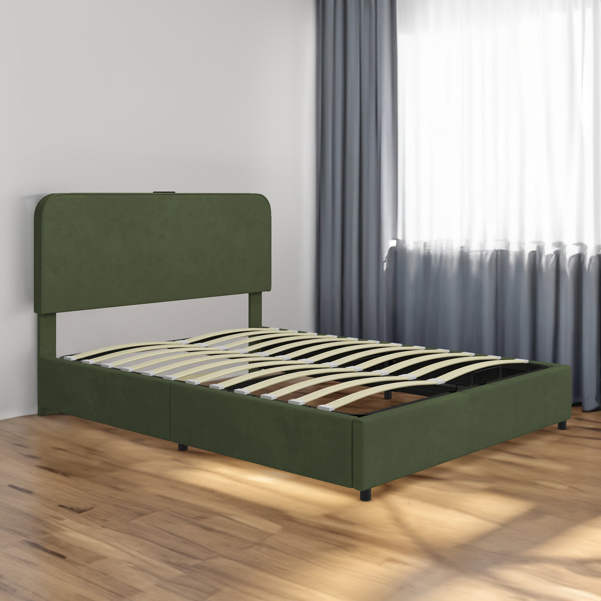 Hydraulic Storage Bed with LED Lights Green
