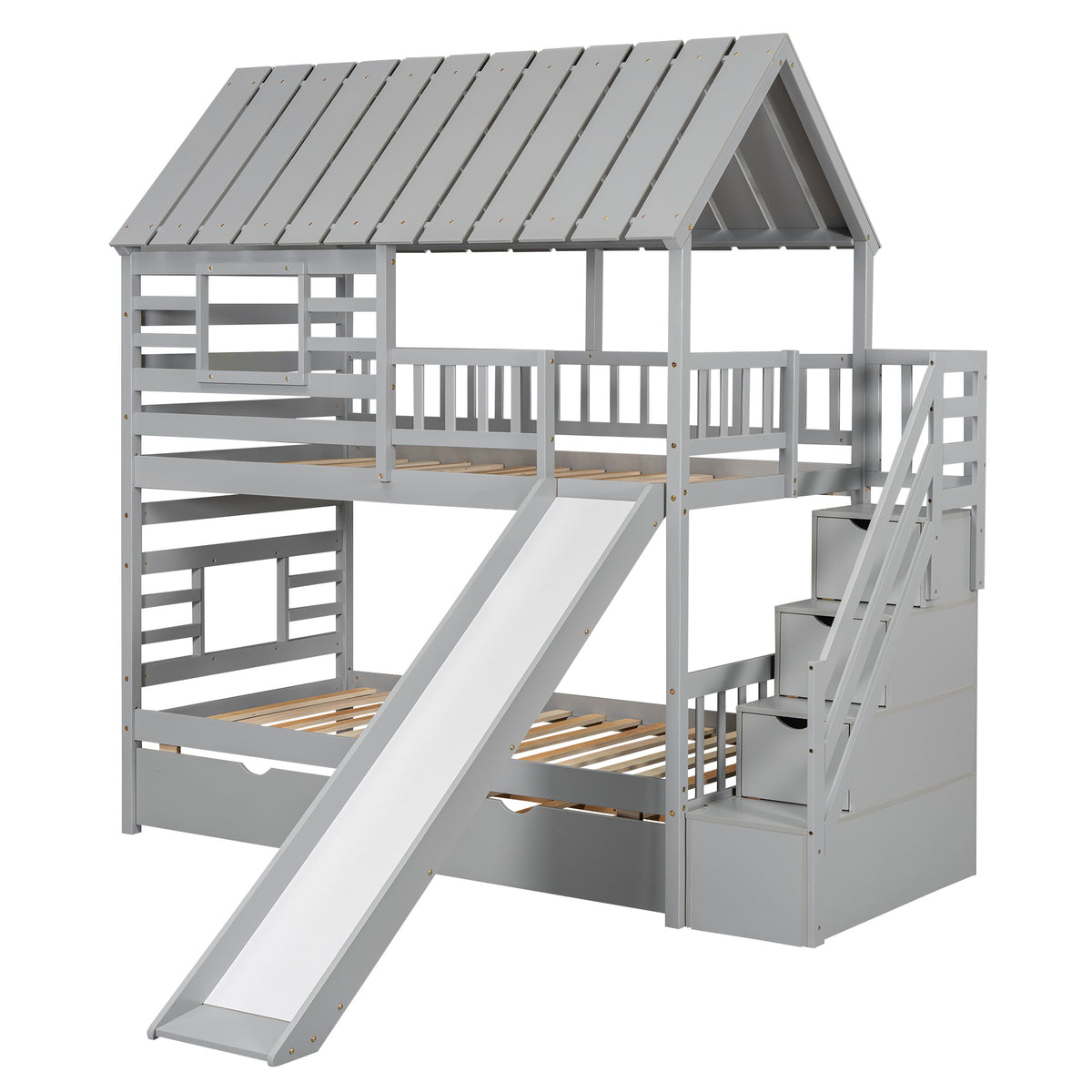 Twin Bunk Bed with Roof and Ladder Gray