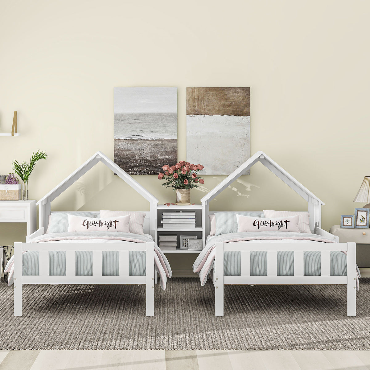 Twin Platform Bed with Built-In Nightstand White