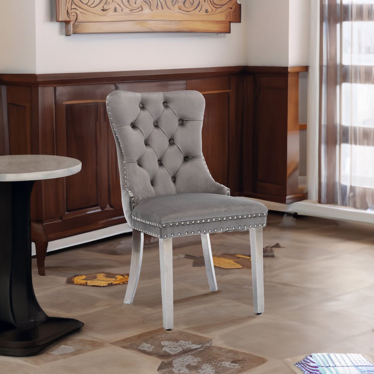 Tufted Velvet Dining Chair Set (2 pcs) – Gray Chrome Base