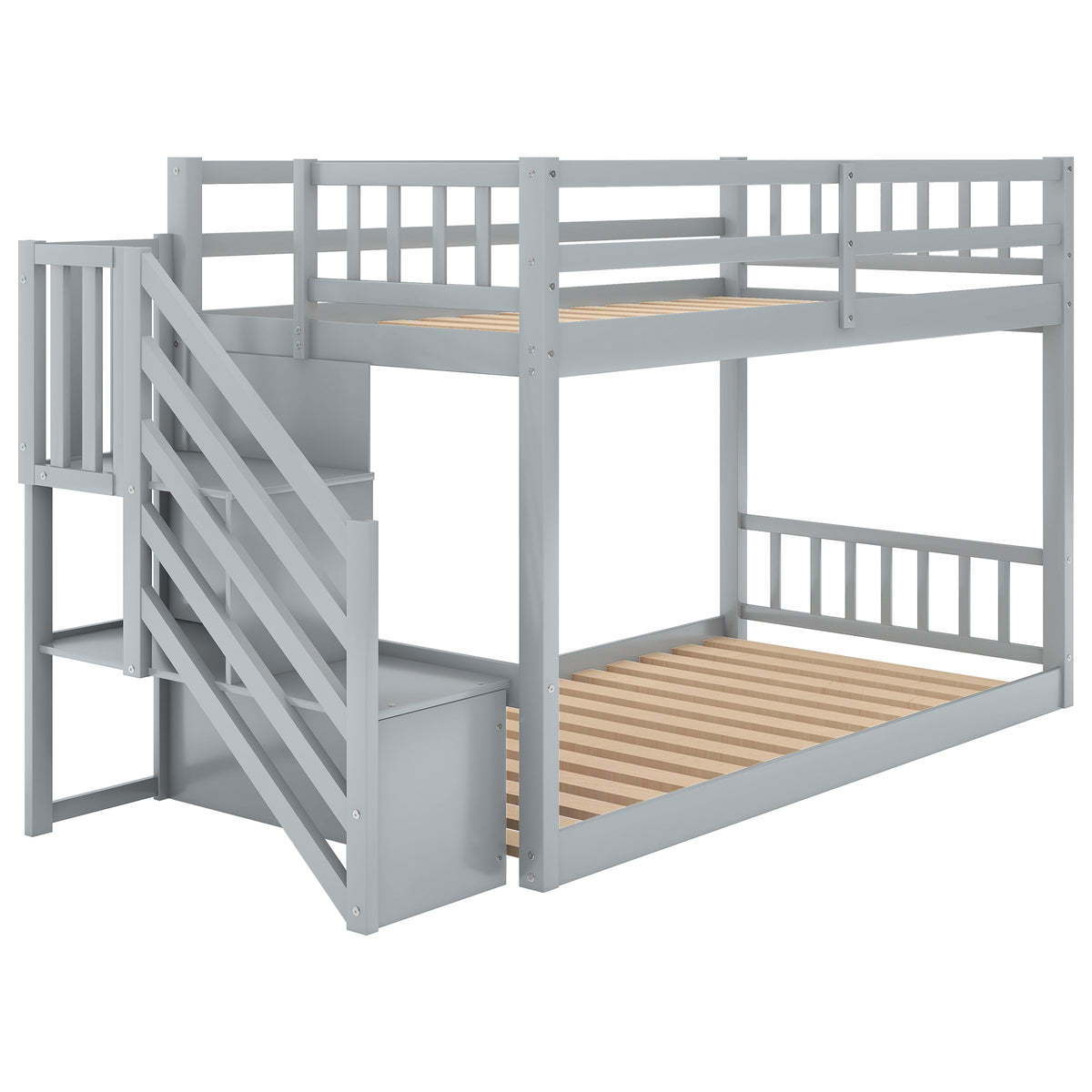 Twin Floor Bunk Bed with Ladder Gray