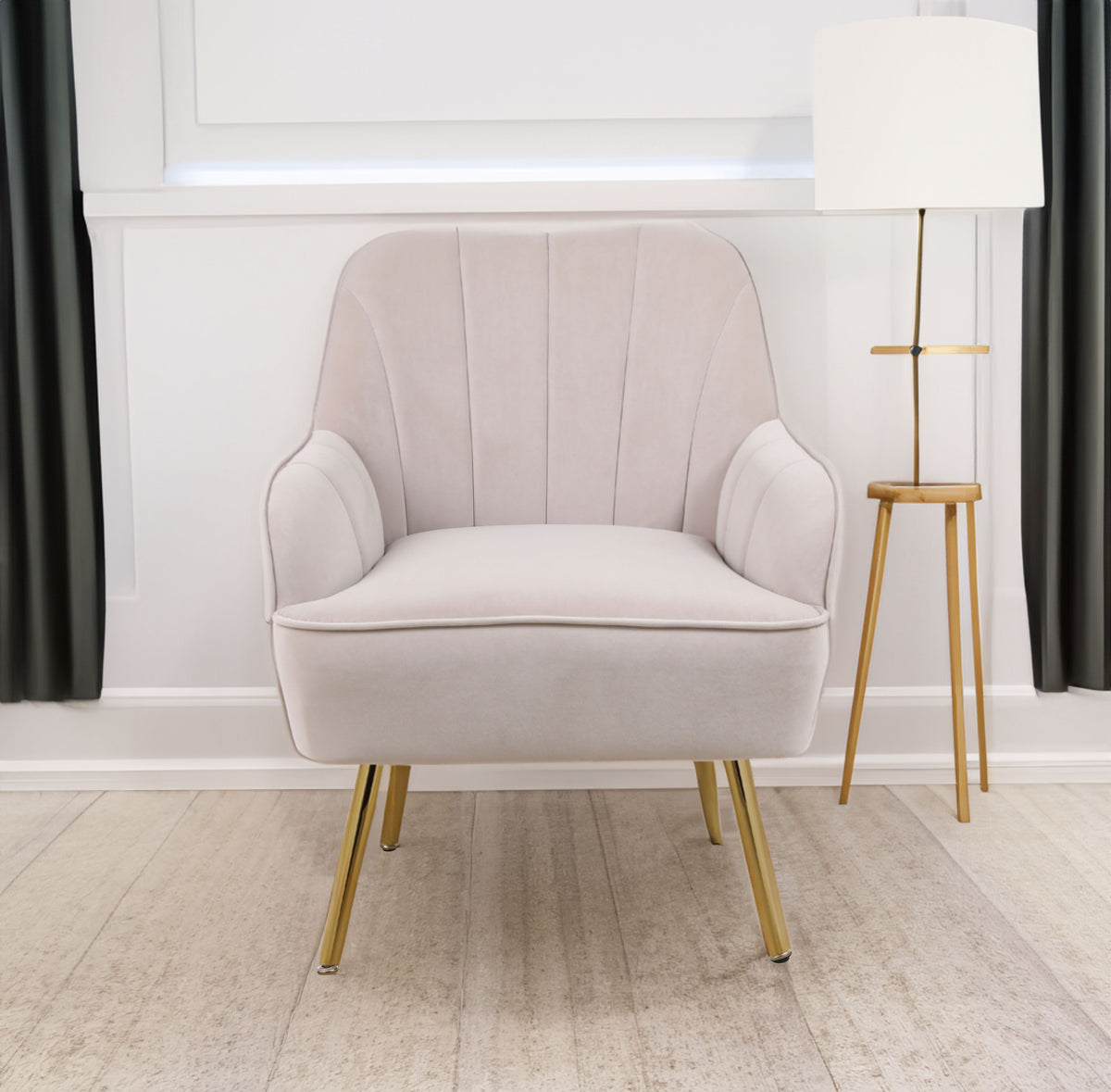 Mid-Century Velvet Armchair Beige Finish