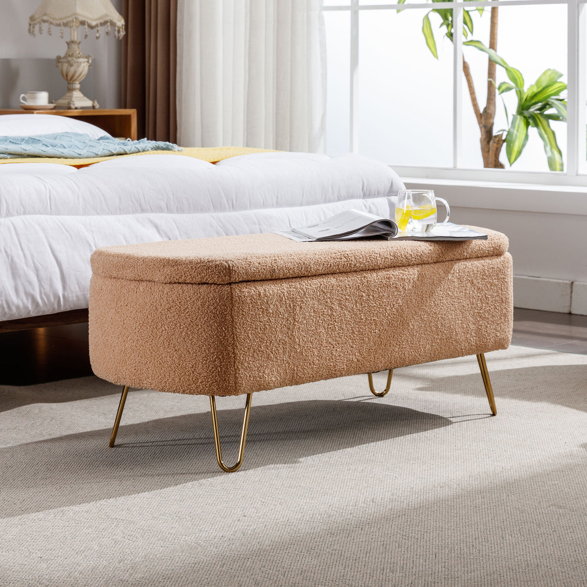 Camel Ottoman Bench with Gold Legs