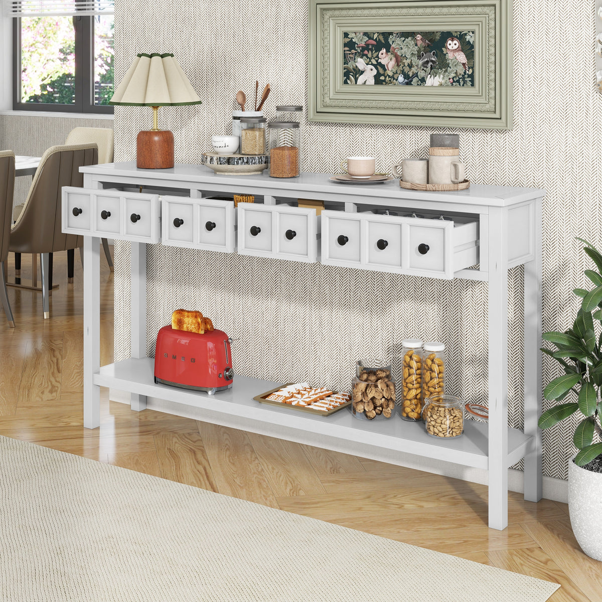 Rustic Entryway Console Table with Drawers Antique White