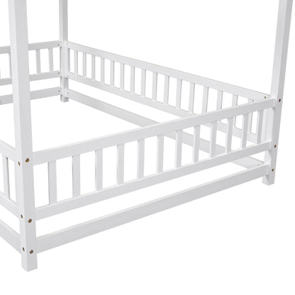 Full Wooden Bed with House Roof Frame White