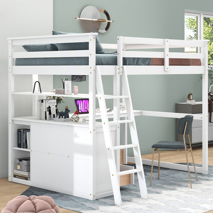 Full Loft Bed with Desk and Drawers White