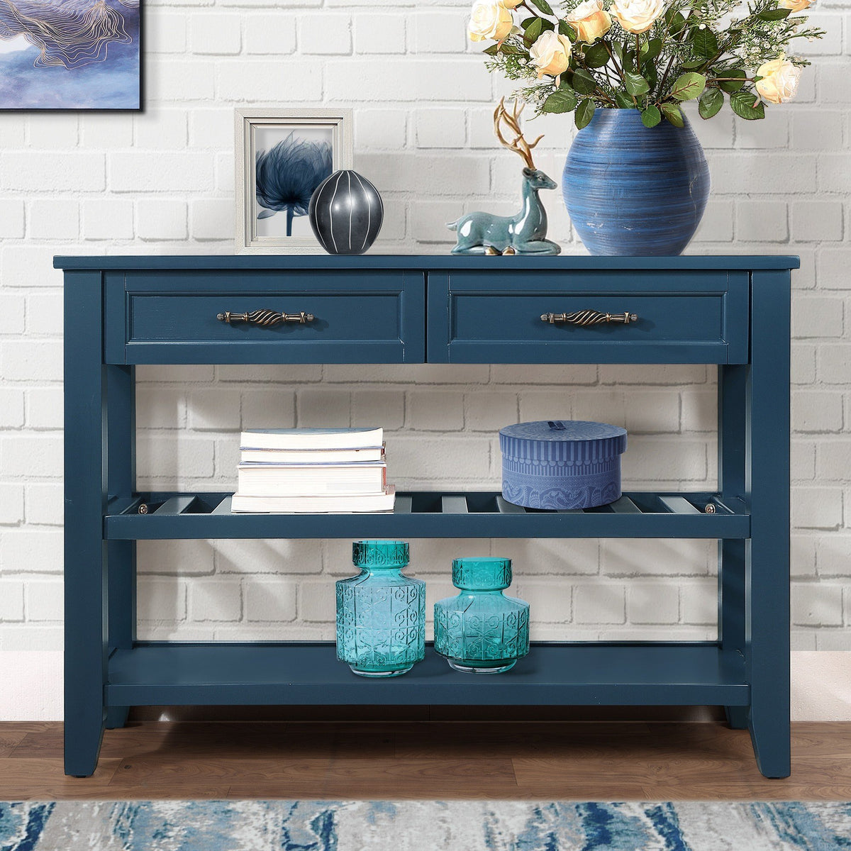 Mid-Century Console Table with Storage Drawers – Navy Blue
