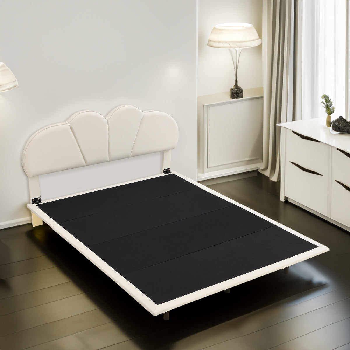 Upholstered Queen Bed with PU Headboard Beige