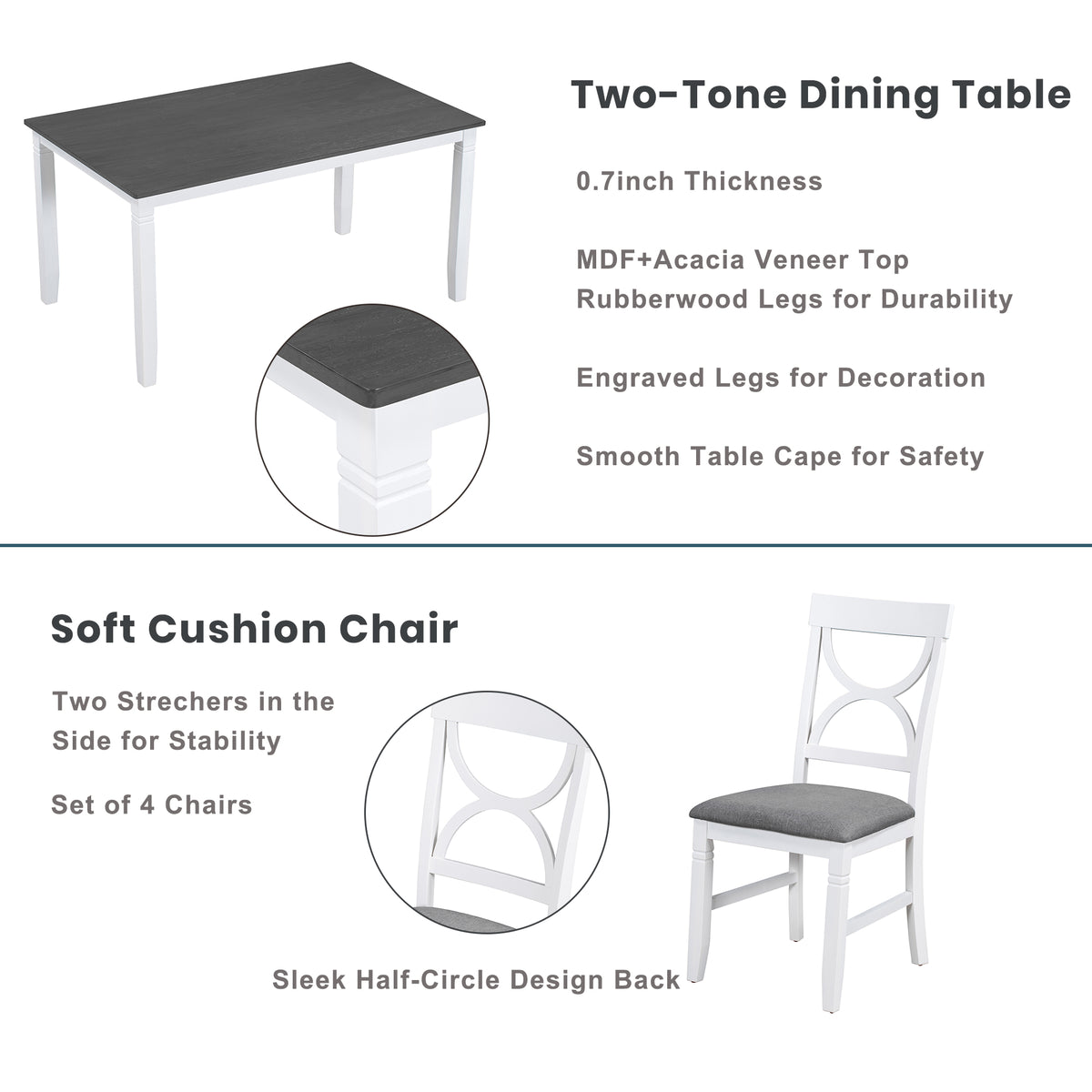6-Piece Farmhouse Dining Set – Gray & White