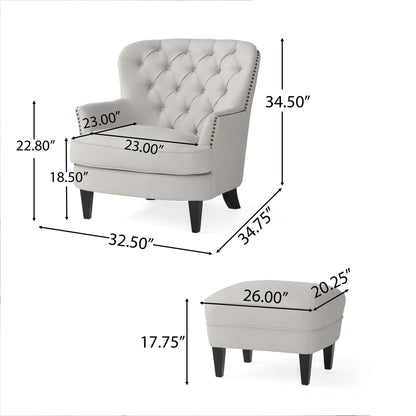 Light Grey Fabric Armchair with Ottoman