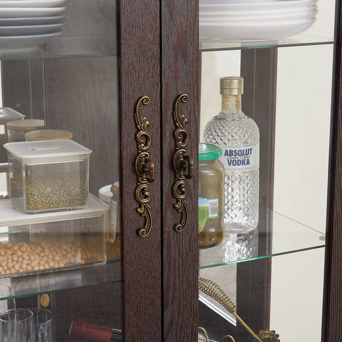 Light Oak Display Cabinet with Glass Frame and Drawer