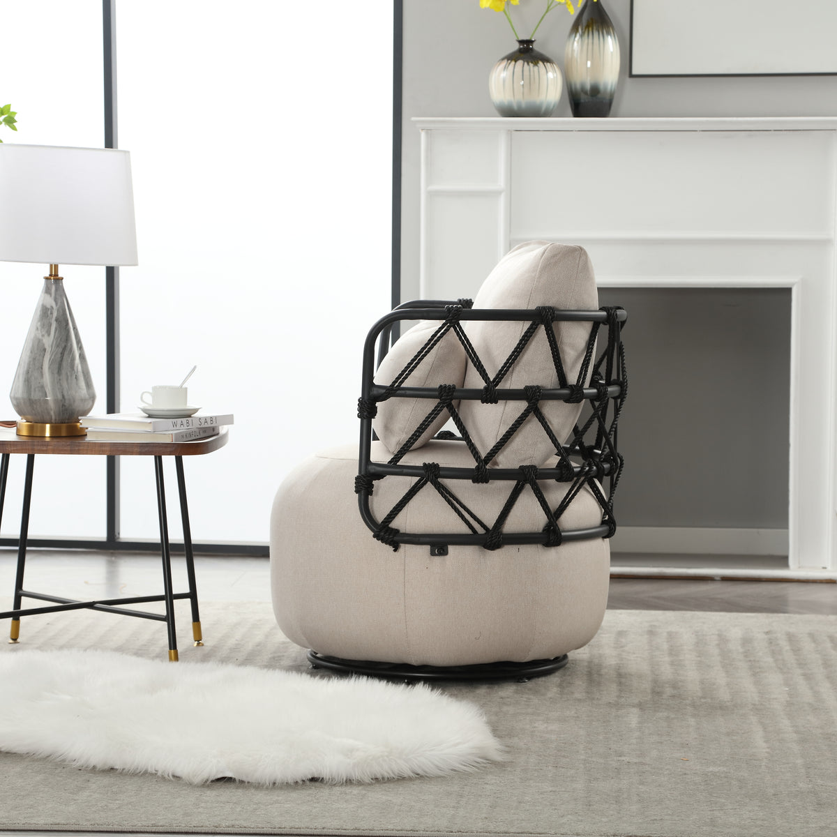 Tufted Linen Accent Chair – Metal Stand