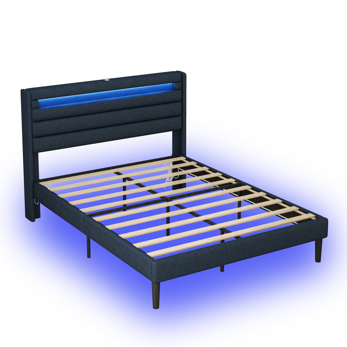 Queen Bedframe with Linen Wrapped LED Headboard Blue