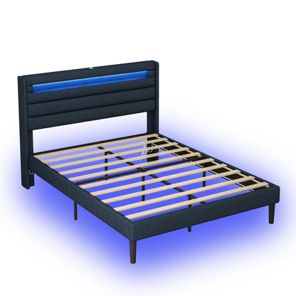 Queen Bedframe with Linen Wrapped LED Headboard Blue