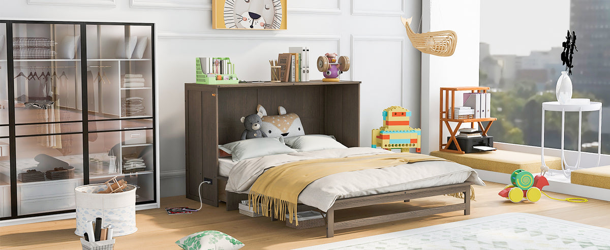 Queen Murphy Bed with Built-In Charging Station – Beige