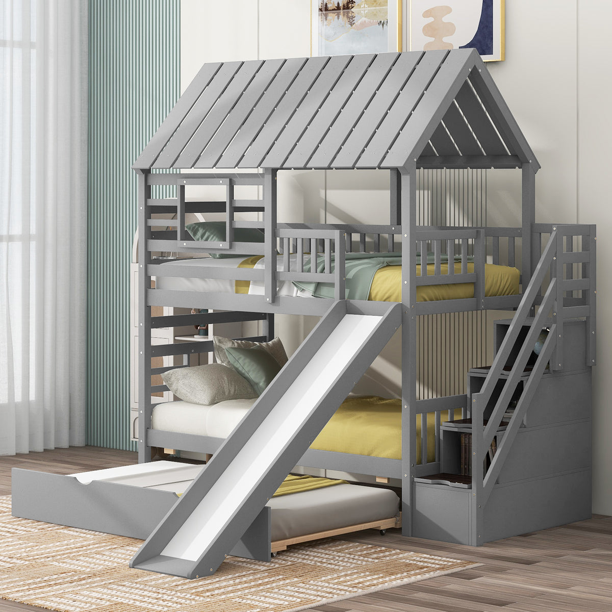 Twin Bunk Bed with Roof and Ladder Gray