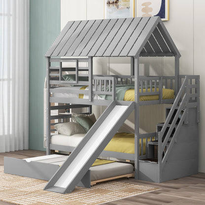 Twin Bunk Bed with Roof and Ladder Gray