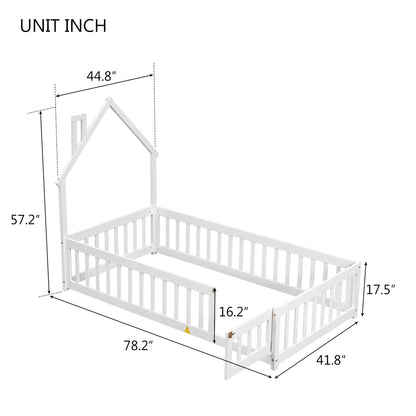 Twin Floor Bed with Fence – White Finish