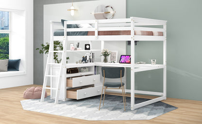 Full Loft Bed with Desk and Drawers White