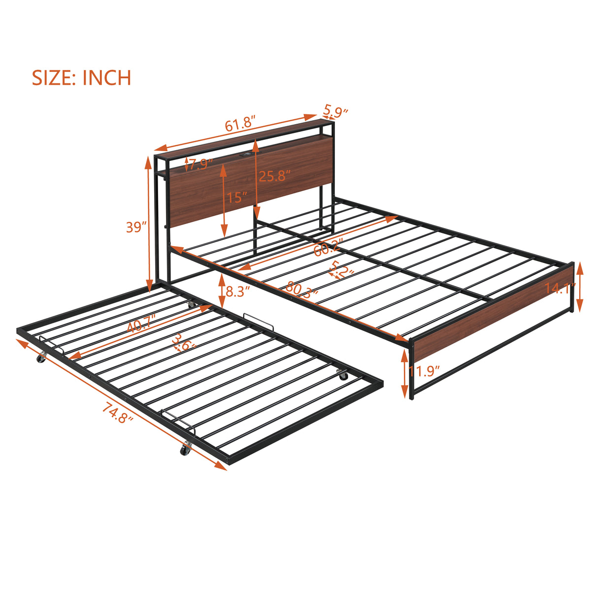 Queen Metal Platform Bed with USB Ports Black