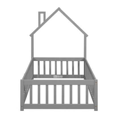 Twin House Bed with Fence Gray