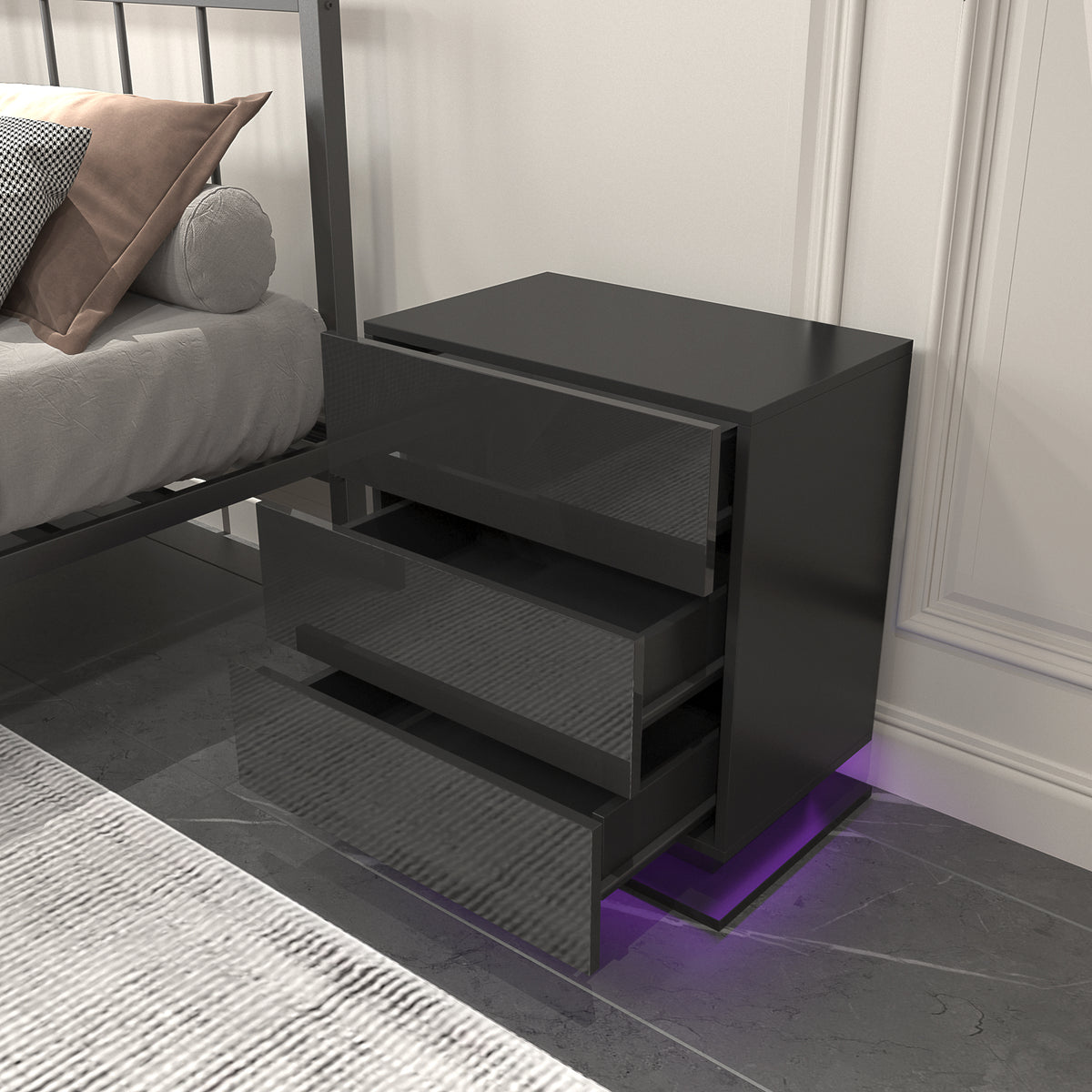 3-Drawer LED Bedside Table