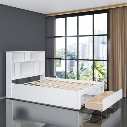 Full Platform Bed with Storage Headboard White