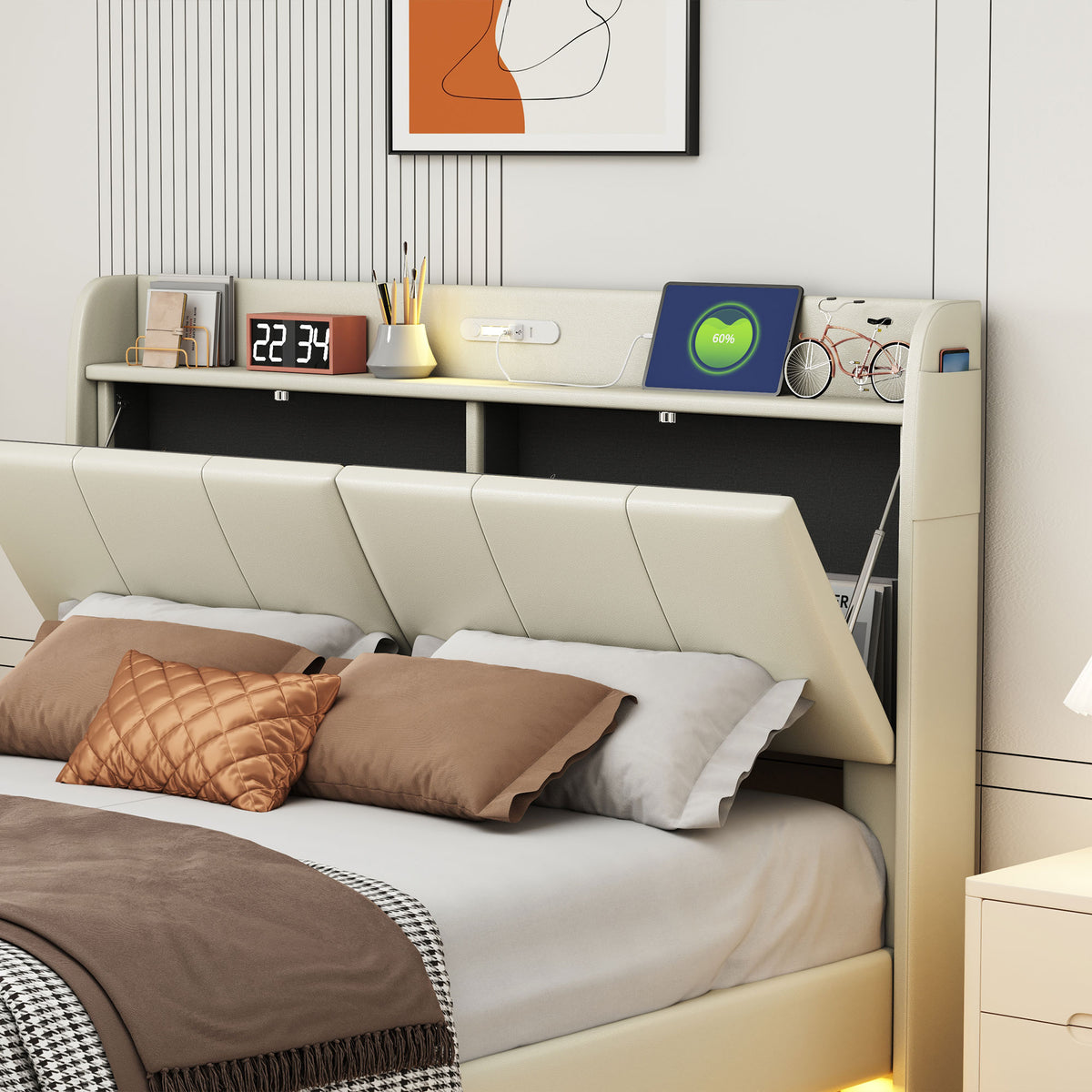 Platform Bed with Sensor Light and USB Beige