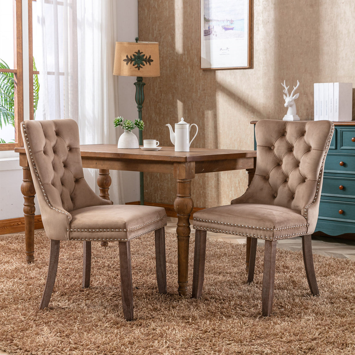 Tufted Dining Chair Set of 2 Khaki