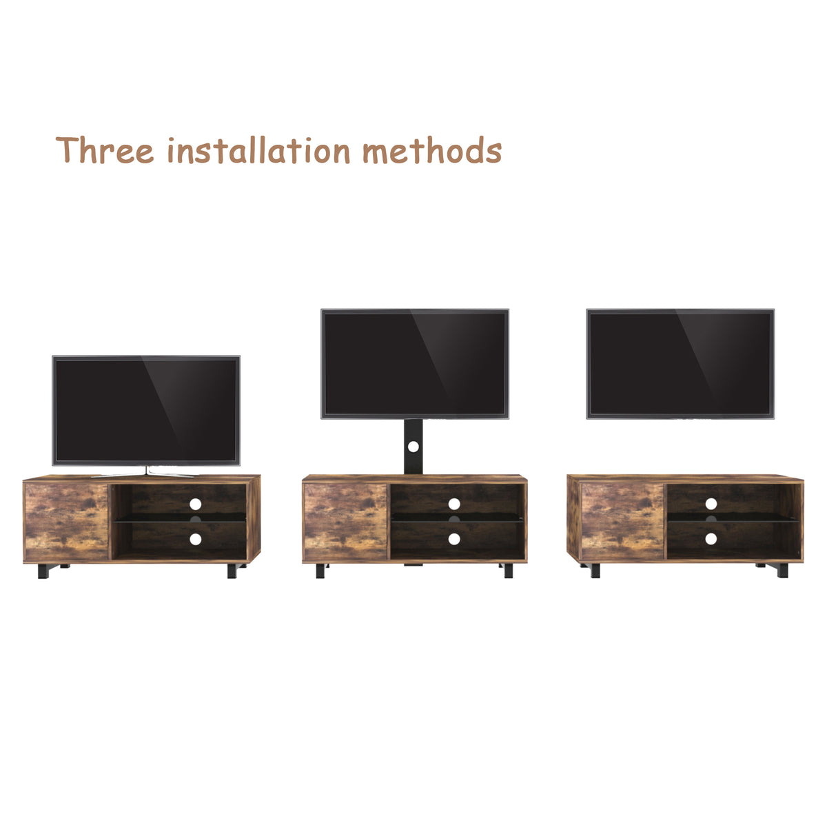 Rustic Brown TV Console – 65” Wood & Glass