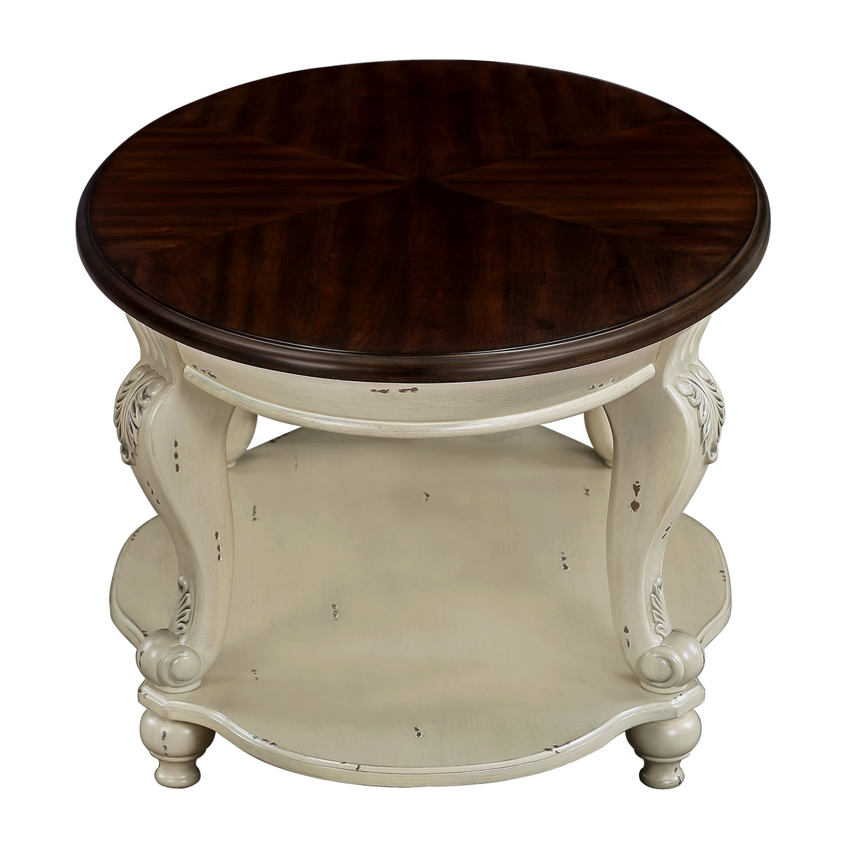 Antique White Round End Table – 22" Solid Rubberwood with Cabriole Legs & Shelf