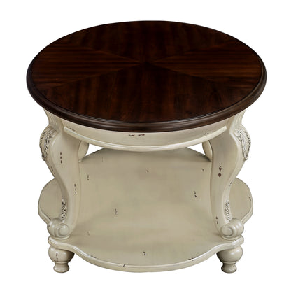 Antique White Round End Table – 22" Solid Rubberwood with Cabriole Legs & Shelf
