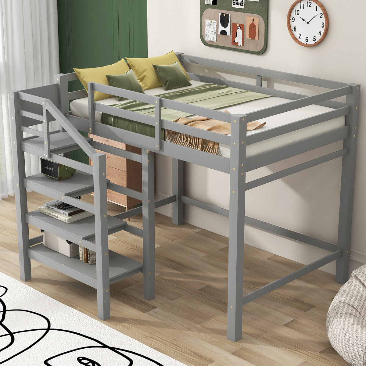 Full Loft Bed with Built-in Storage Gray