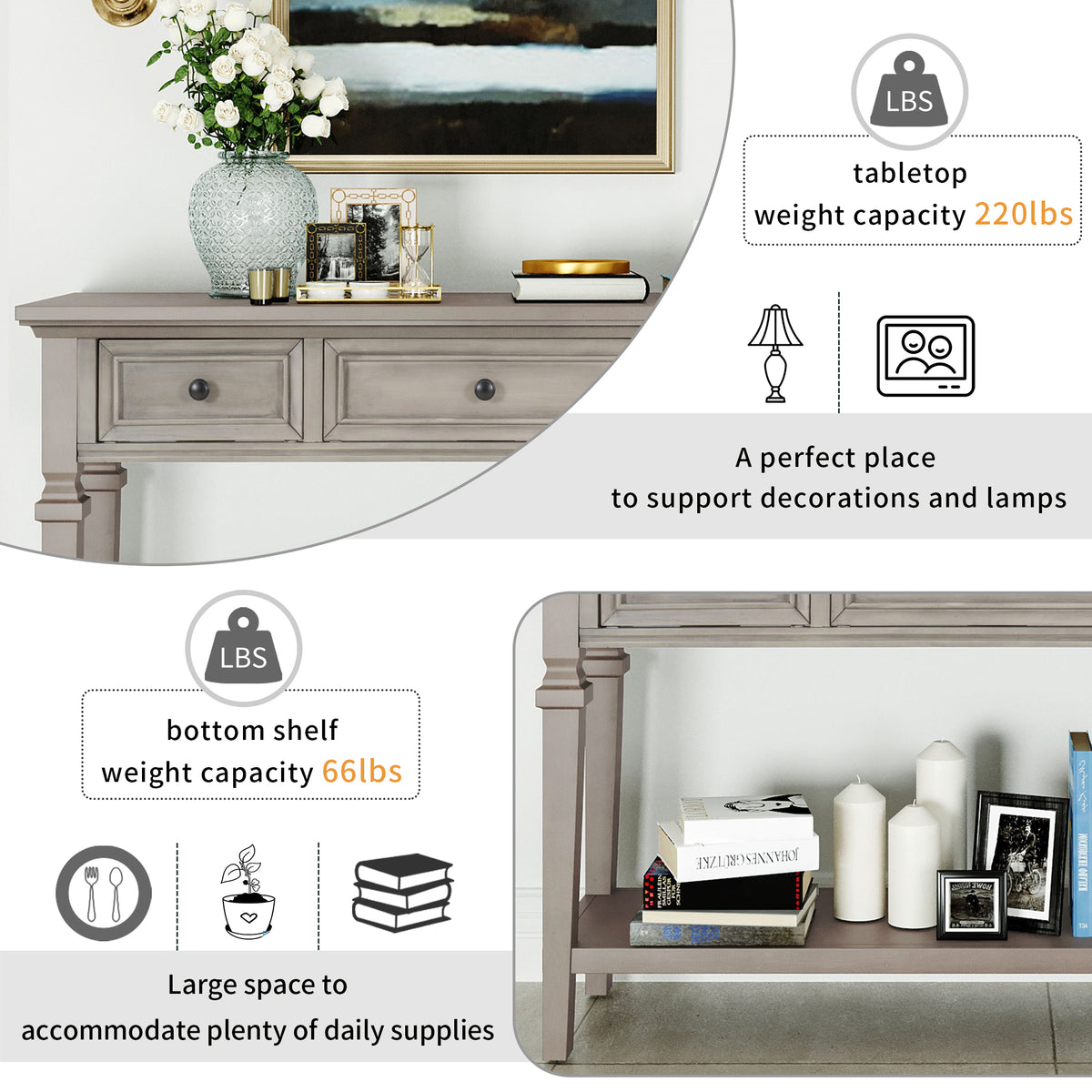 Gray Wood Console Table with Drawers
