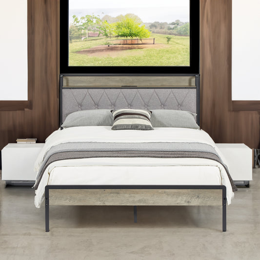 Full Size Bed Frame with USB Charging Ports – Gray